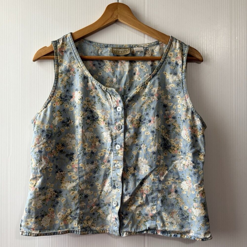 Liz Claiborne 90s Floral Denim Sleeveless Button Front Top Floral Cottagecore 10